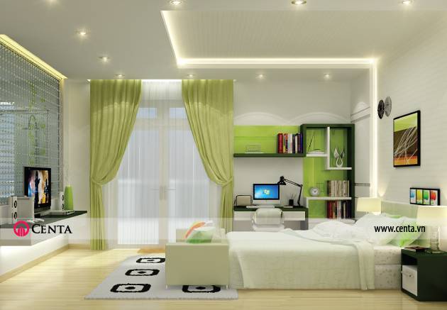 Thiết kế nội thất phòng ngủ gam màu xanh cốm
