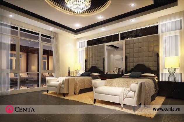 Thiết kế nội thất phòng ngủ Bộ đèn ngủ trang trí được đặt ngay trung tâm mang đến vẻ sang trọng