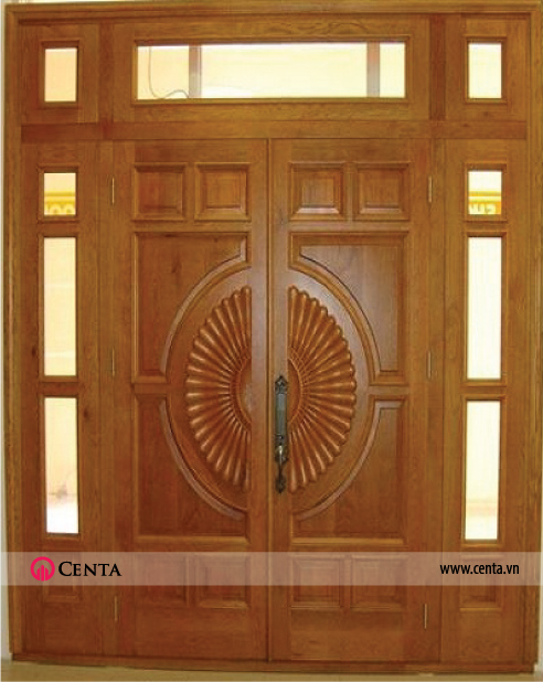 Mẫu cửa 1: Mẫu cửa 4 cánh gồm 2 cánh giữa lớn, 2 cánh nhỏ có kính. Trang trí hoa văn tròn phần cánh chính.