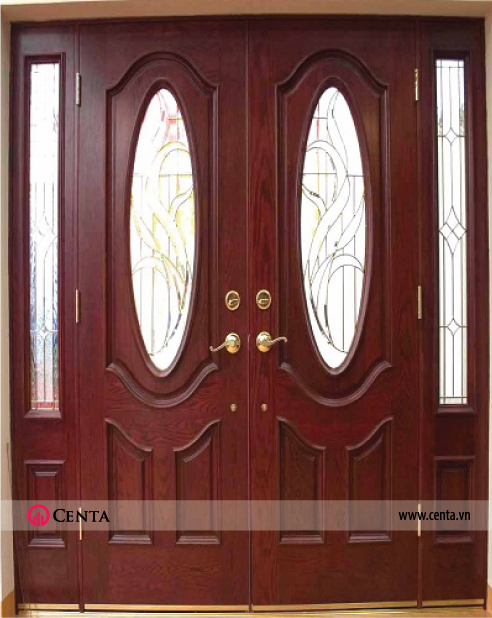 2 cánh lớn giữa, 2 cánh nhỏ ngoài. 4 cánh có song sắt, cánh kính. mẫu cửa gỗ