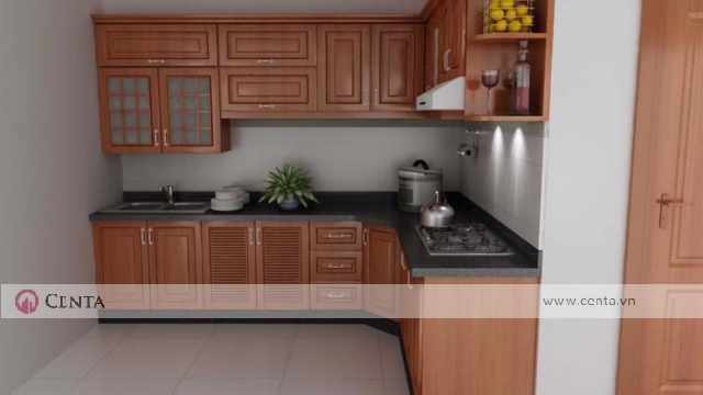 Tủ bếp gỗ hương đỏ, tủ bếp trên và bếp dưới có mặt đá kim sa đen