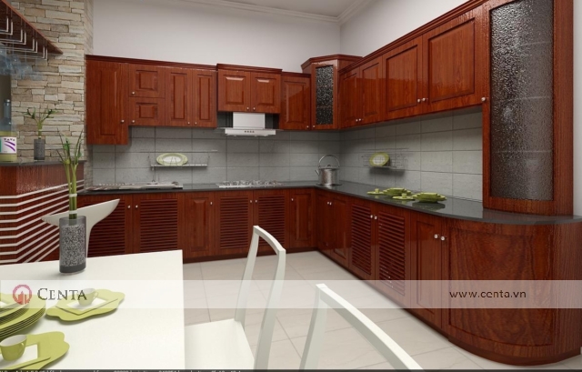 Thiết kế tủ bếp nhà phố gỗ hương Nam phi cánh chớp thoáng khi cho bếp