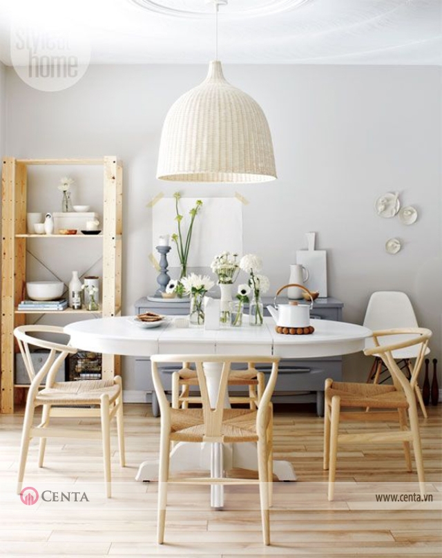 Bàn ghế phòng ăn Scandinavian màu trắng