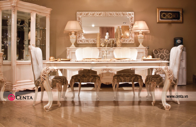 Phòng ăn sang trọng ấm cúng chân bàn Louis XV tủ rượu đèn trang trí gương treo tường