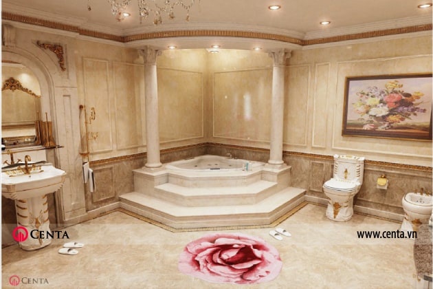 phòng tắm master ốp đa màu be cột đá lavabo gương khung tranh toilet