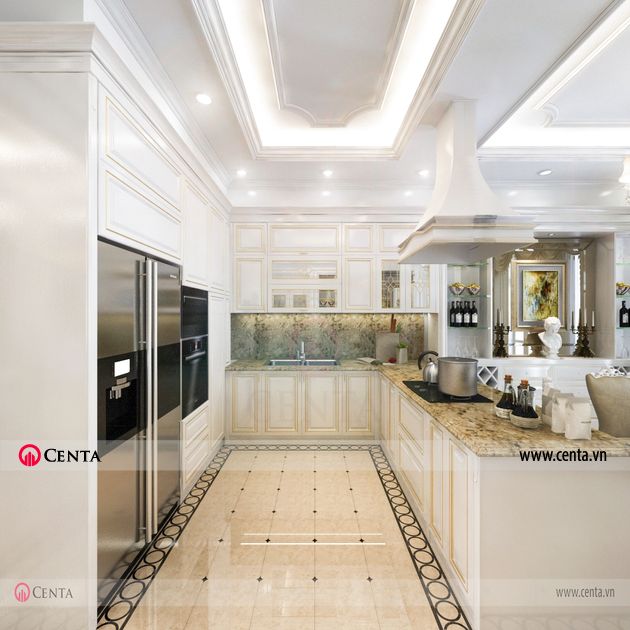 Thiết kế ốp lát hoa văn tân cổ điển gạch lát sàn tầng 1 phòng bếp đẹp