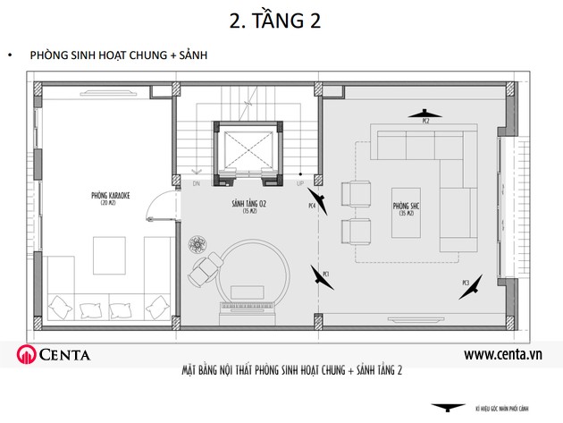 Mặt bằng bố trí nội thất tầng 2 biệt thự D7 Pandora