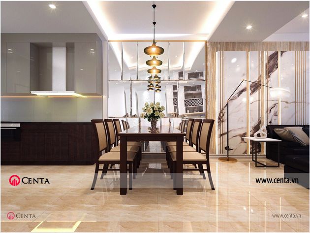 Phong khach bep Thiet ke noi that hien dai nha anh Loc chung cu Sun Grand City 6