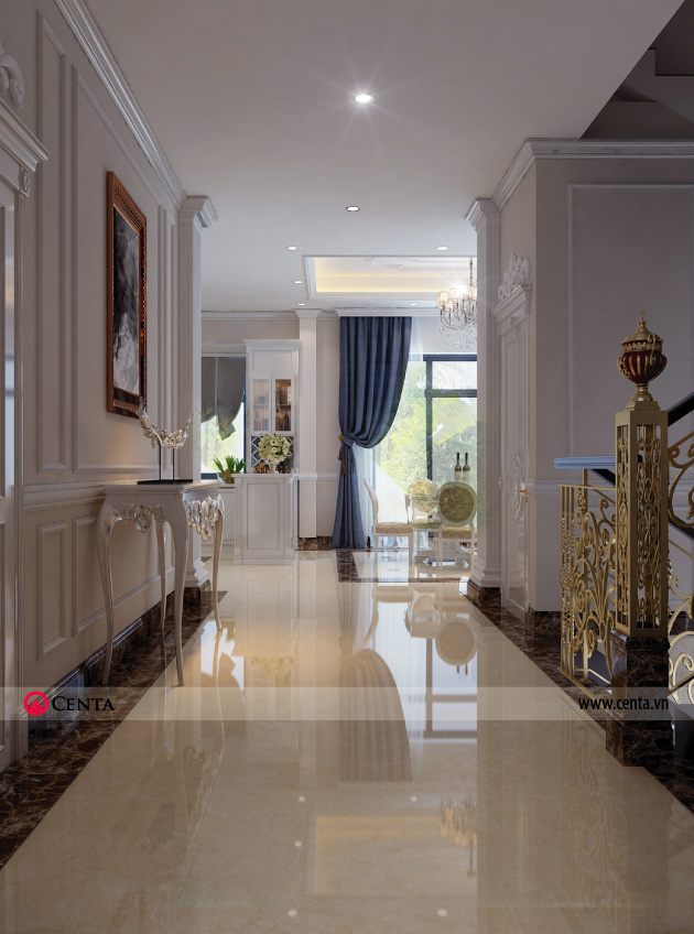 Phối cảnh hành lang thiết kế nội thất tân cổ điển - tầng 1