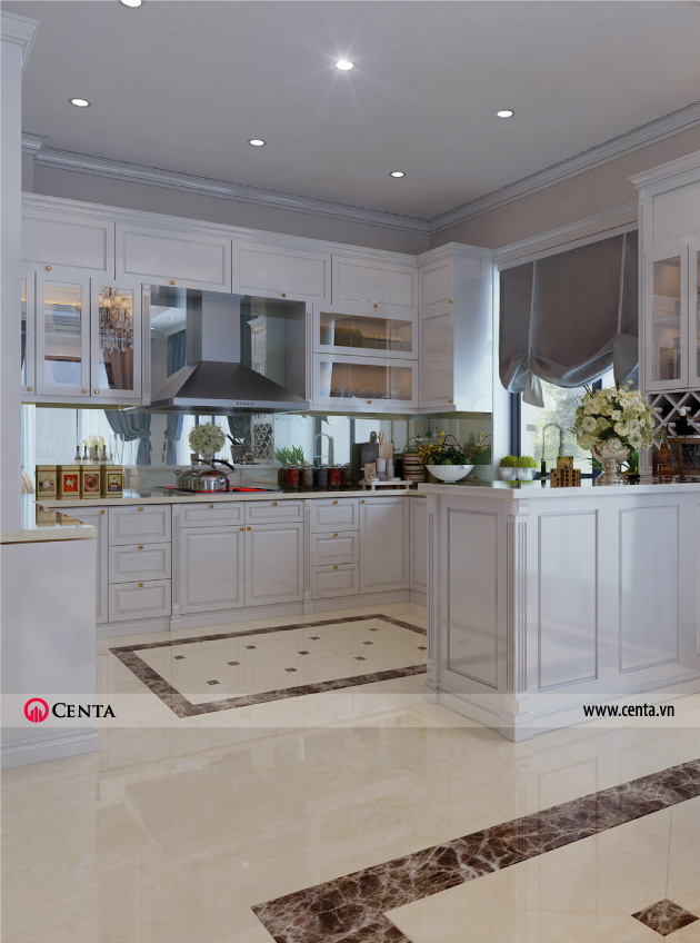 Thiết kế nội thất phòng bếp tân cổ điển cho biệt thự