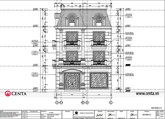 Mặt đứng trước nhà kiến trúc biệt thự tân cổ điển 4 tầng, cửa sổ 