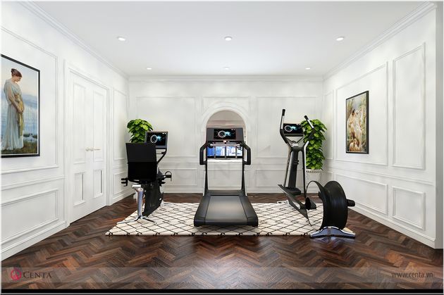 Thiết kế nội thất phòng tập gym tân cổ điển máy chạy đạp thể dục phào chỉ