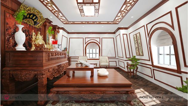 Không gian nội thất phòng thờ truyền thống có phào chỉ trang trí đẹp