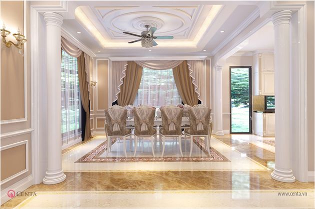 Tân cổ điển nội thất phòng ăn trang trí phào chỉ rèm đẹp