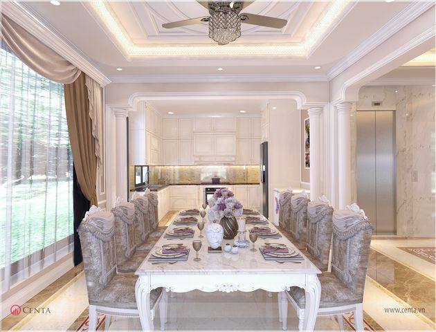 Bếp và bàn ăn tân cổ điển tủ bếp rèm đẹp