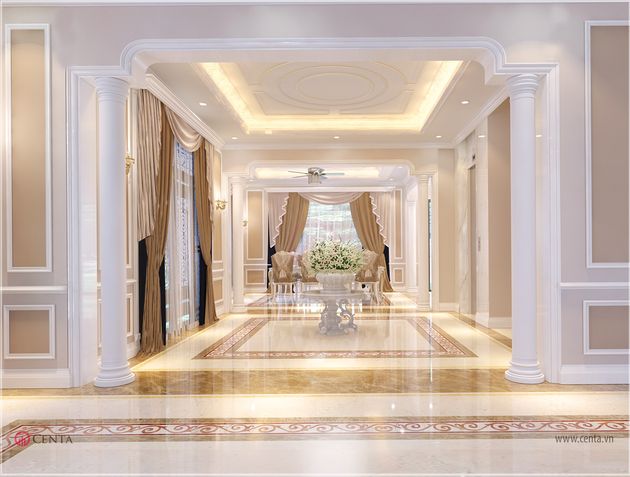 Thiết kế sảnh ốp lát gạch hoa văn tân cổ điển nội thất đẹp Hưng Yên