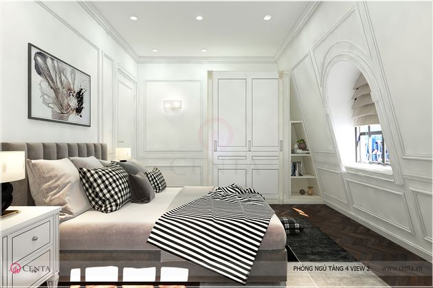 mẫu thiết kế giường ngủ tân cổ điển tab đầu giường đẹp tường phào chỉ