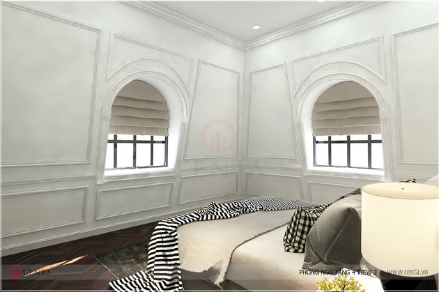 Thiết kế nội thất phòng ngủ tầng áp mái biệt thự 4 tầng Hưng Yên tân cổ điển