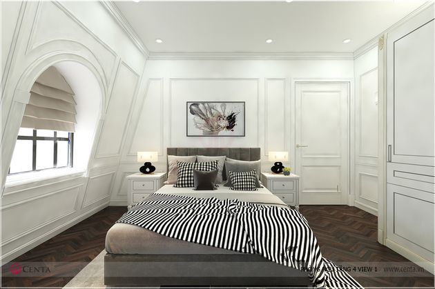 Thiết kế phòng ngủ tân cổ điển tầng áp mái phào chỉ đẹp