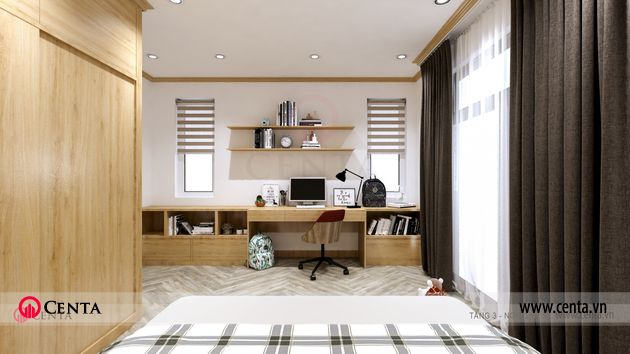 Thiết kế biệt thự phòng ngủ phòng học rèm trang trí tủ gỗ công nghiệp
