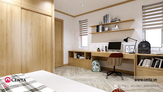 Thiết kế phòng ngủ có bàn học tủ gỗ công nghiệp rèm cửa
