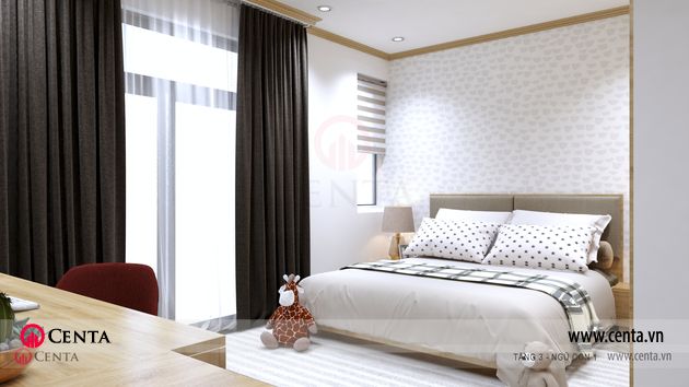Phòng ngủ giườn ngủ bàn học rèm thảm ốp trang trí đầu giường