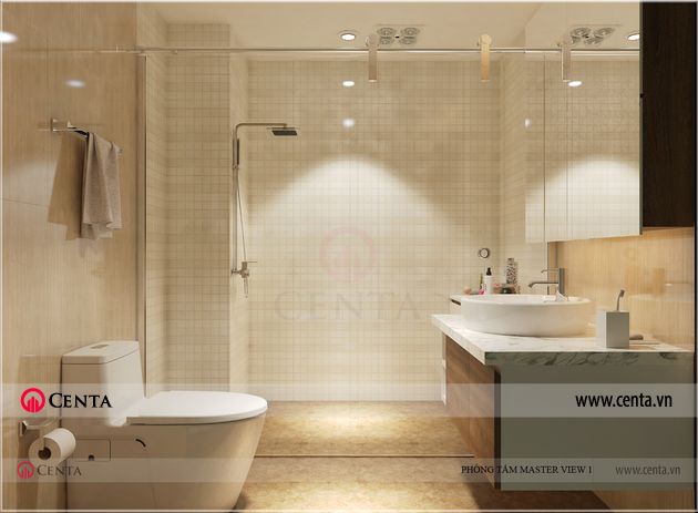 Mẫu thiết kế phòng tắm biệt thự Gamuda Gardens đẹp lavabo toilet vách kính