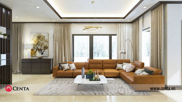 Phòng khách biệt thự tầng 1 sofa da bàn trà rèm thảm trang trí nội thất Gamuda Gardens