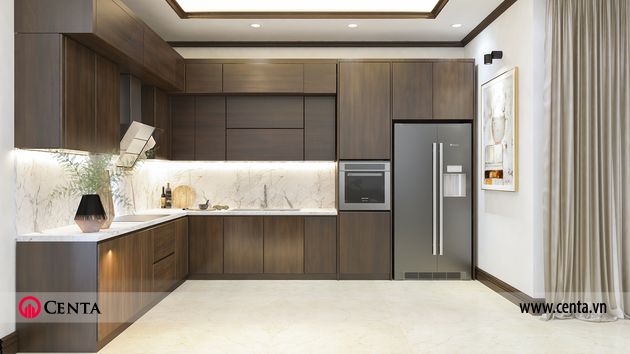Thiết kế tủ bếp phòng ăn gỗ công nghiệp biệt thự liền kề