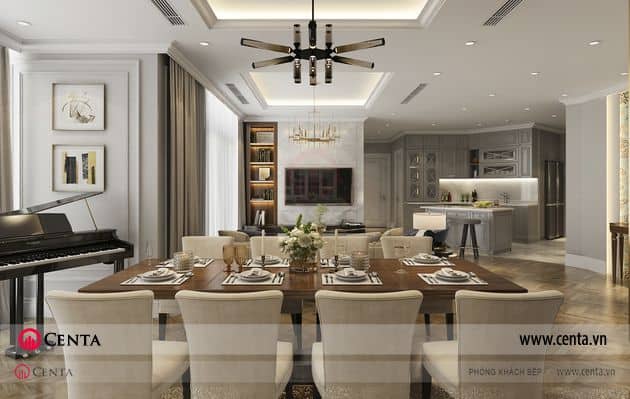 phoi canh thiet ke phong khach bep phong cach hien dai chung cu Sun Grand City 6