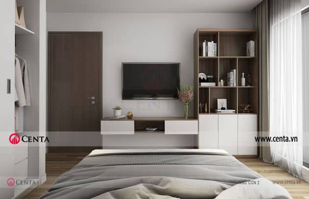 Thiết kế phòng ngủ con trai giường tủ áo kệ tivi tủ sách rèm thảm