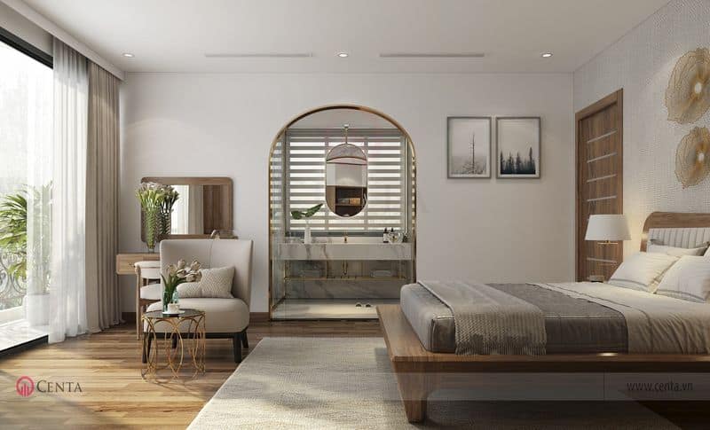 Phòng ngủ gỗ óc chó, kệ trang trí inox, gương bàn phấn trang trí thảm nỉ