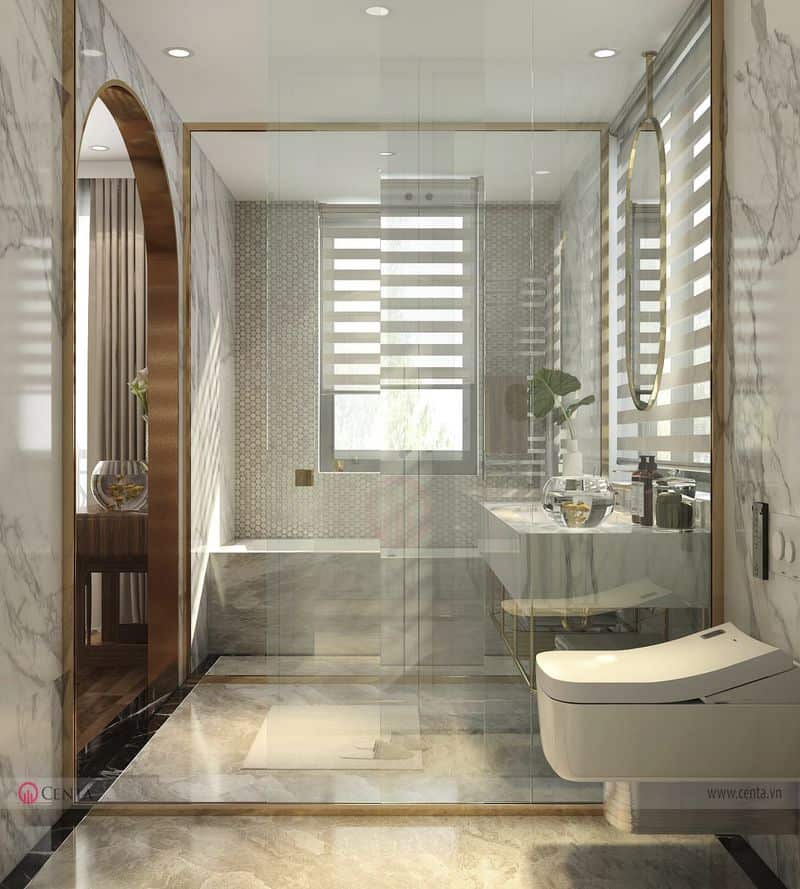 Phòng vệ sinh master wc lavabo, bồn rửa mặt vách tắm kính ốp lát gạch