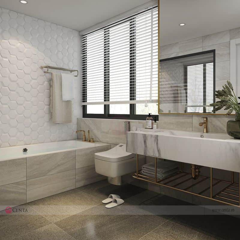 Lavabo phòng tắm ốp lát gạch nhập khẩu rèm sáo gương 