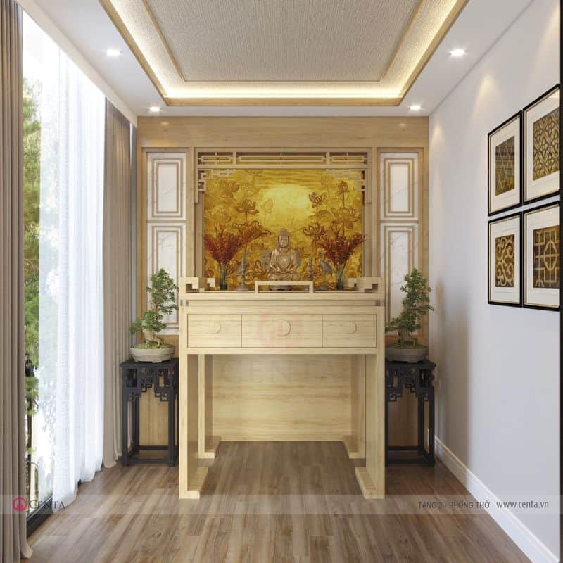 Phòng thờ bàn thờ gia tiên gỗ tự nhiên rèm và tranh treo tường