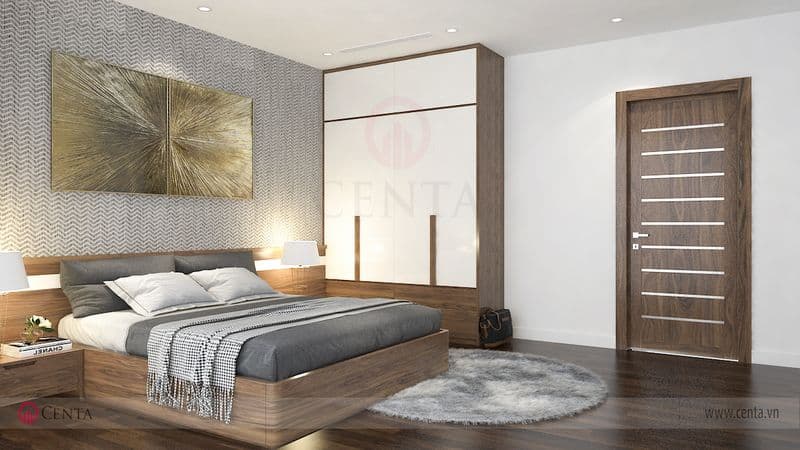 Giường tủ gỗ óc chó phòng ngủ cửa gỗ công nghiệp